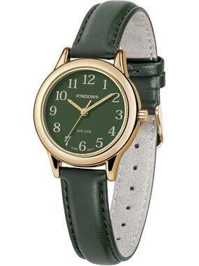 Women's Gold-Green Leather Band Small Analog Arabic Numerals Quartz Wrist Watch